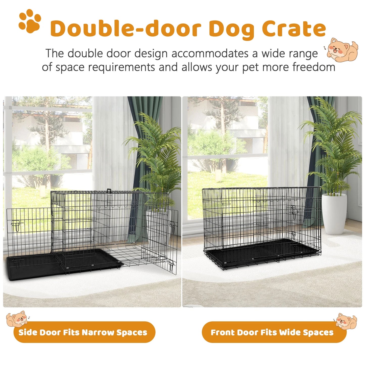 48" Foldable Dog Crate – Double-Door Metal Wire Kennel with Handle & Plastic Tray for Large Dogs, Black