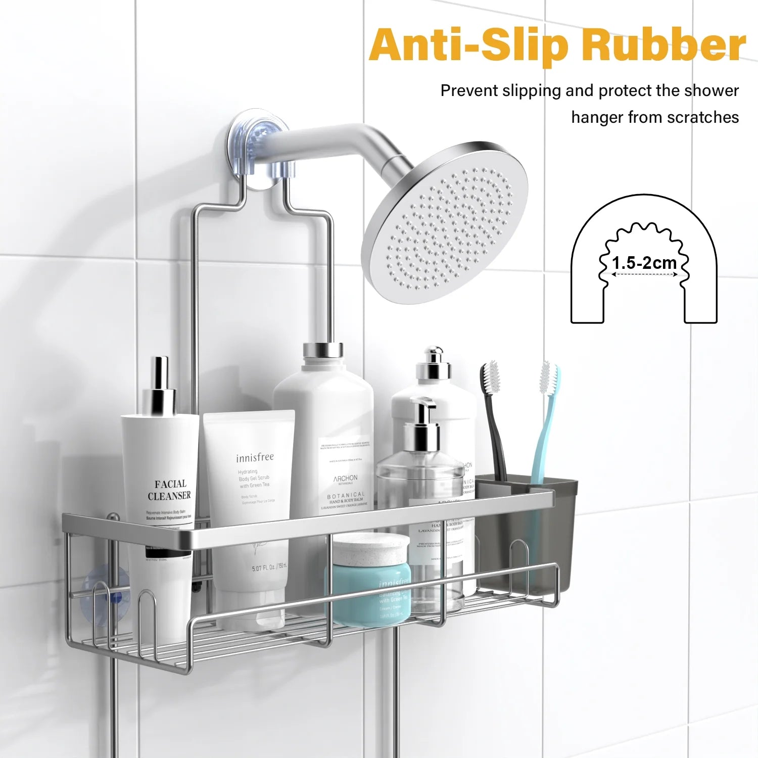 Over-Shower-Head Caddy – Stainless Steel Bathroom Organizer with Soap Holder, Hooks & Toothbrush Holder, Gray