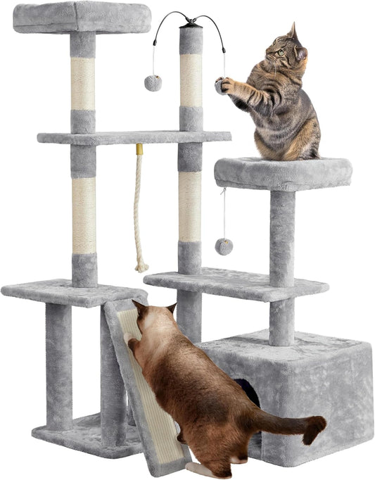 53.5" Cat Tree Playhouse – Indoor Tower with Sisal Scratching Posts, Condo & Perches, Light Gray