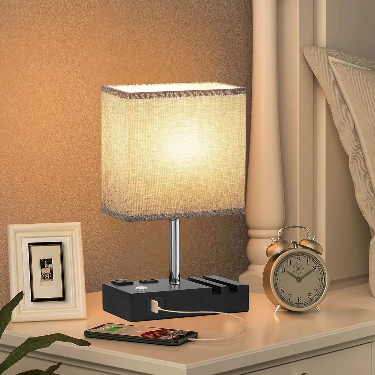 Bedside Table Lamps with Dual Phone Stands – Gray