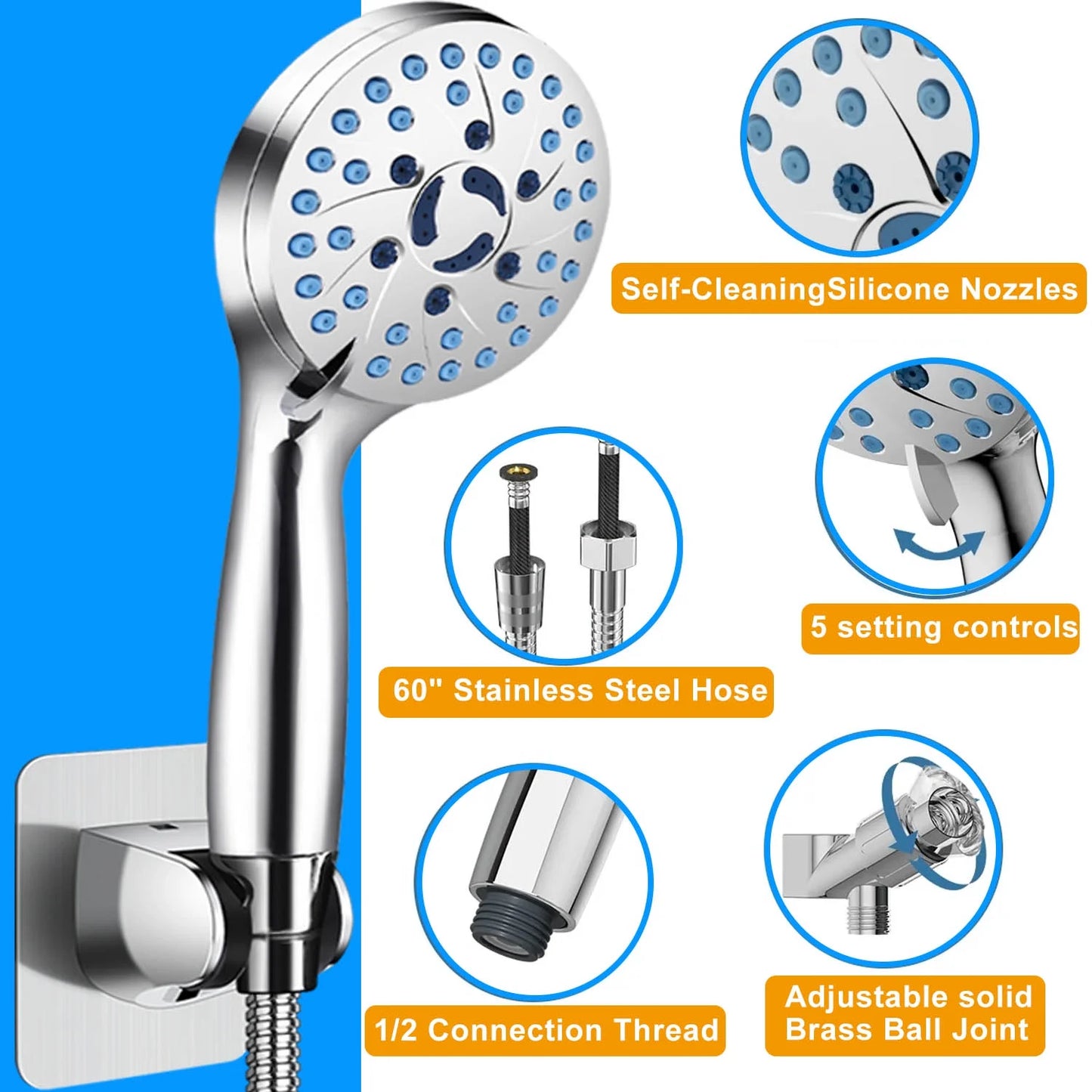 High-Pressure 7-Function Shower Head – Handheld & Adjustable Rain Shower, Stainless Steel Polished Chrome with Durable Nozzles