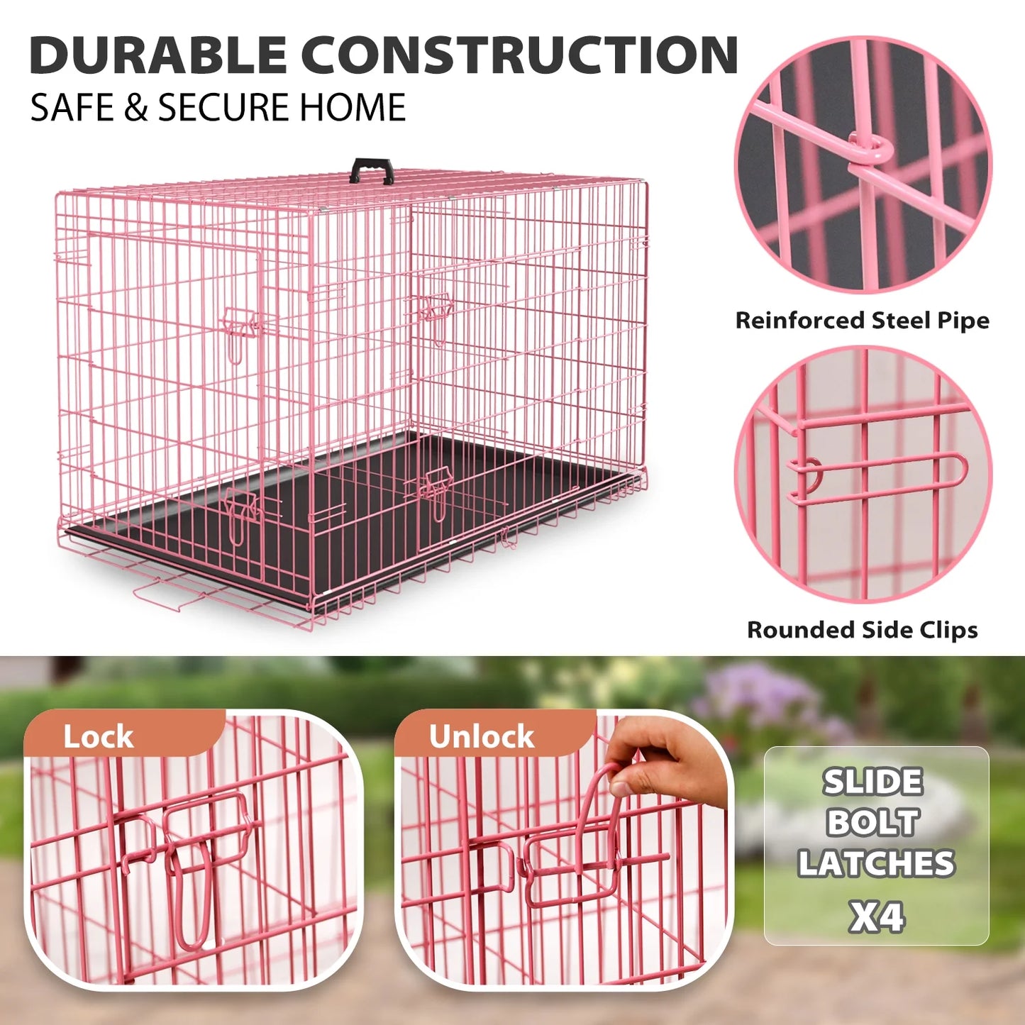 48" Foldable Dog Crate – Double-Door Metal Wire Kennel with Handle & Plastic Tray for Large Dogs, Pink