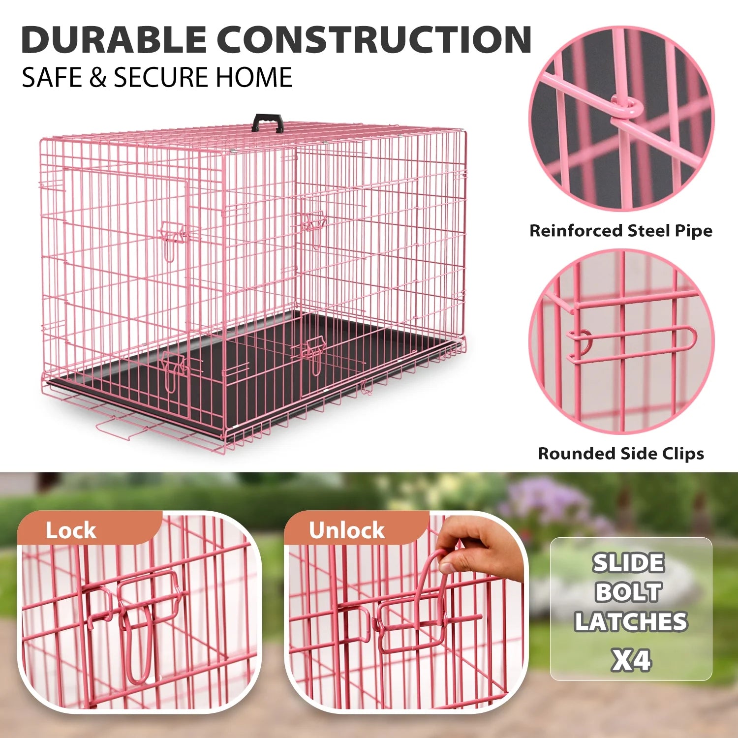 48" Foldable Dog Crate – Double-Door Metal Wire Kennel with Handle & Plastic Tray for Large Dogs, Pink