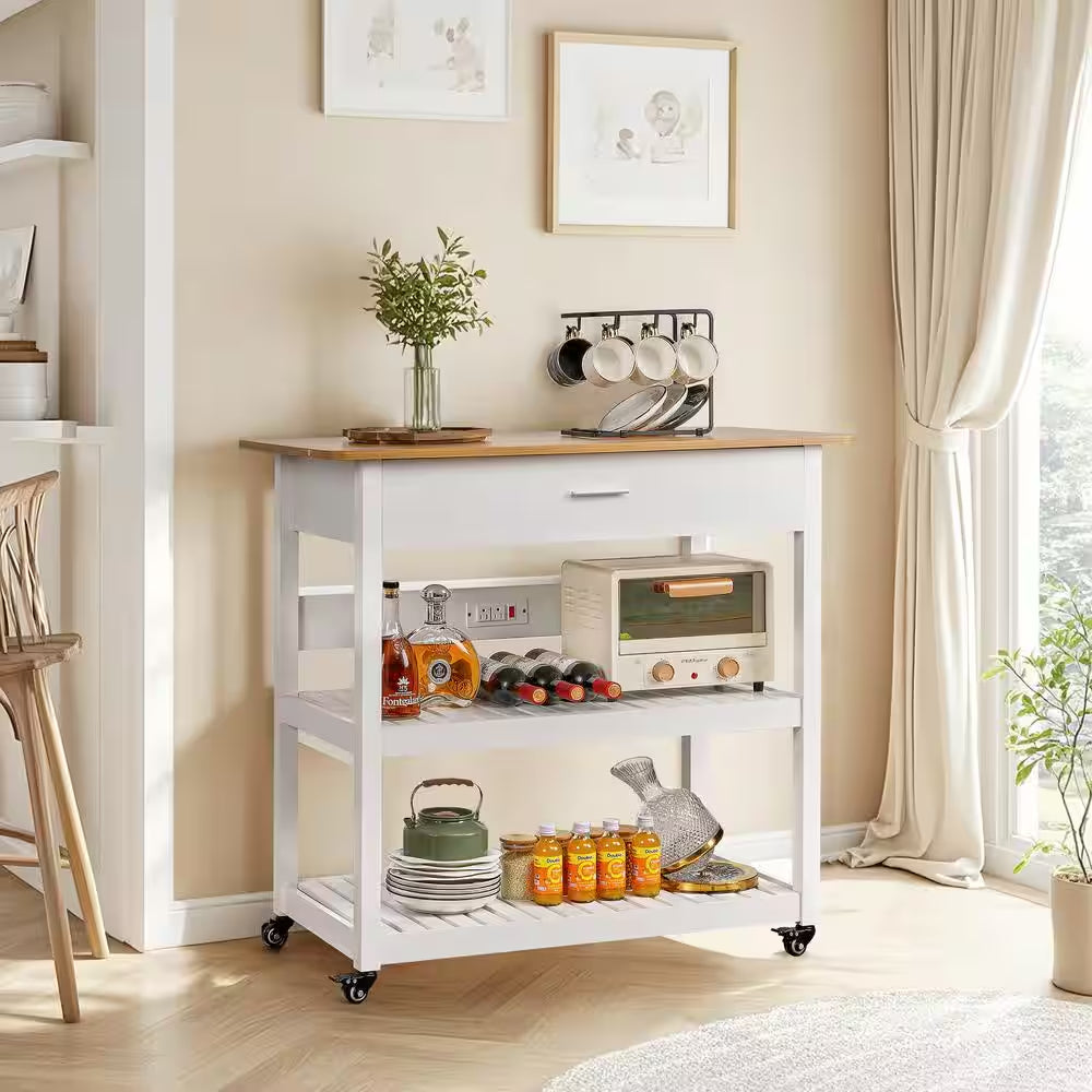 Kitchen Island Cart on Wheels – 40" Rolling Utility Cart with Power Strip & White Wood Shelves
