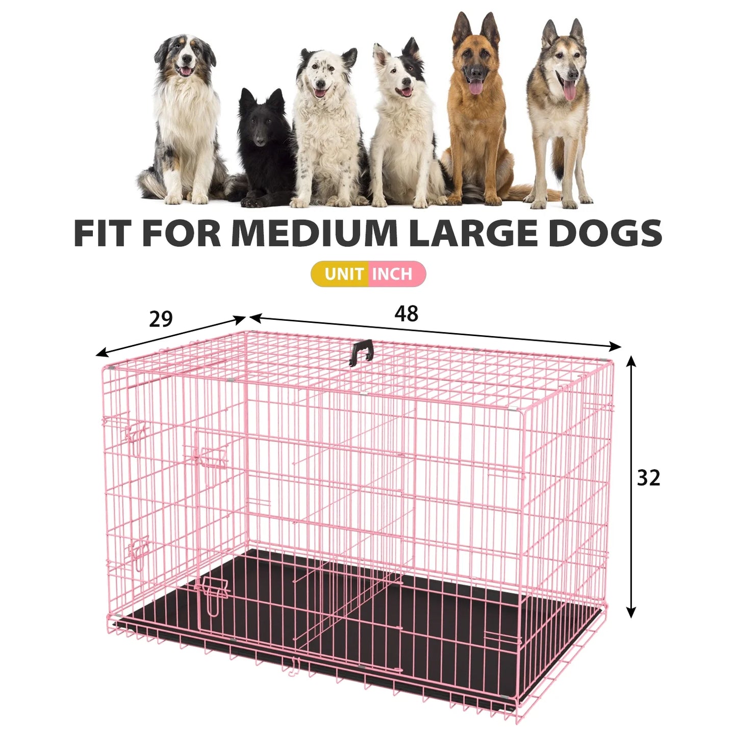 48" Foldable Dog Crate – Double-Door Metal Wire Kennel with Handle & Plastic Tray for Large Dogs, Pink