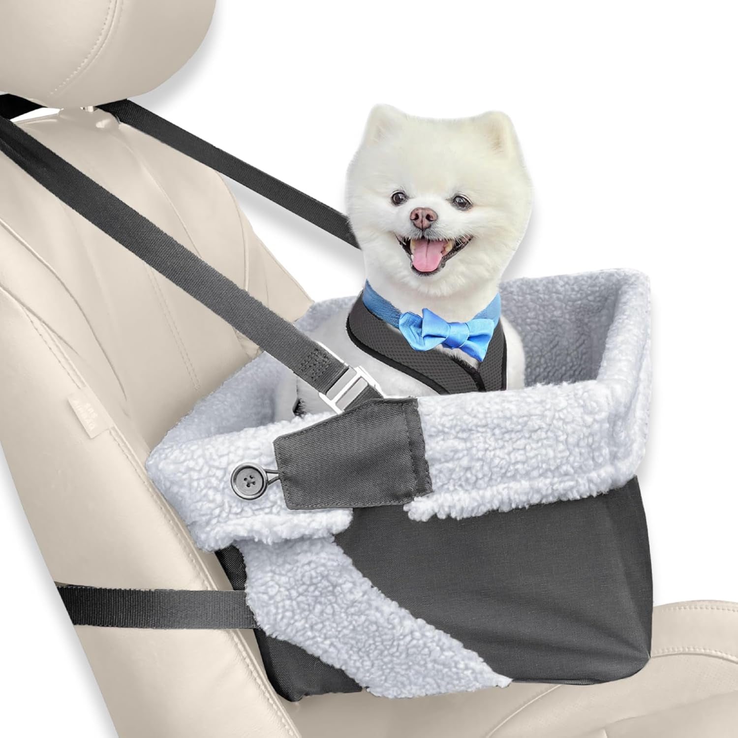 Dog Car Booster Seat – Grey Travel Carrier Bed for Small Dogs, Washable, Adjustable & Collapsible