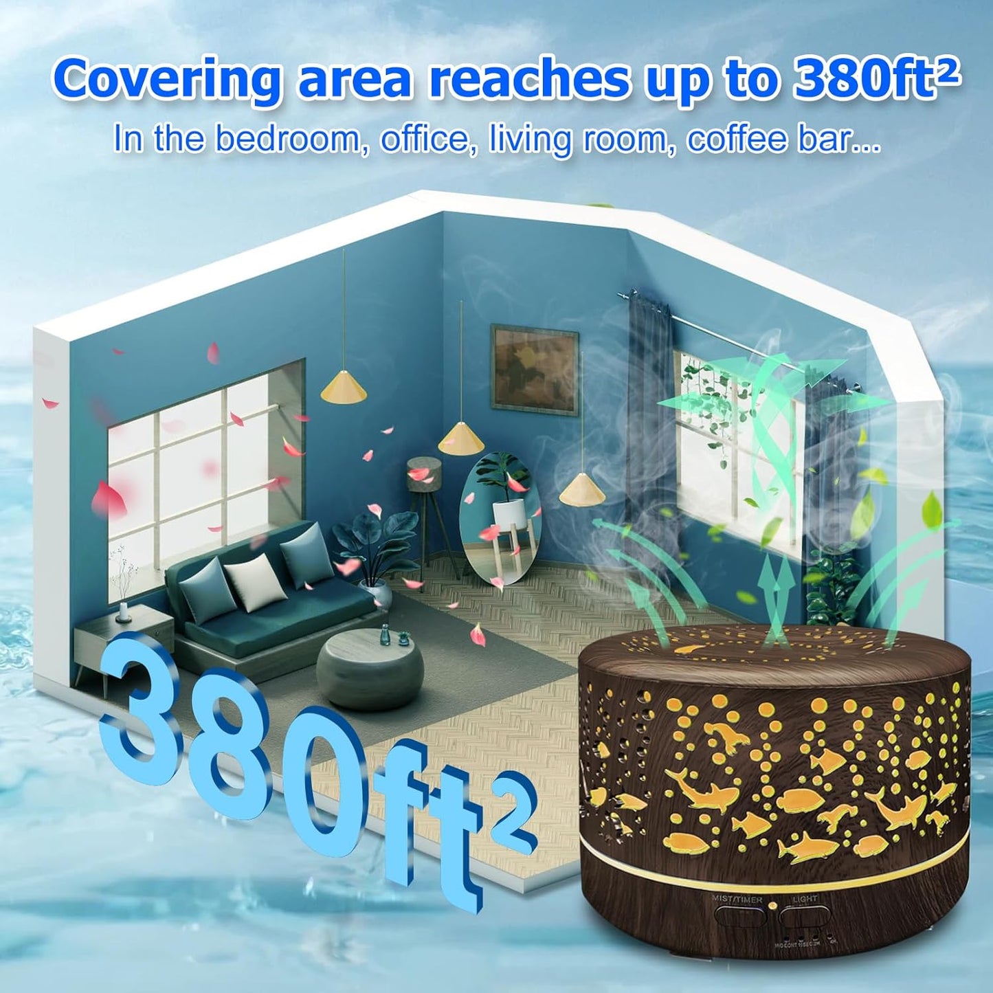 600ml Essential Oil Diffuser & Humidifier – Large Room, Remote Control, 7-Color LED, 3 Mist Modes, Dark Wood