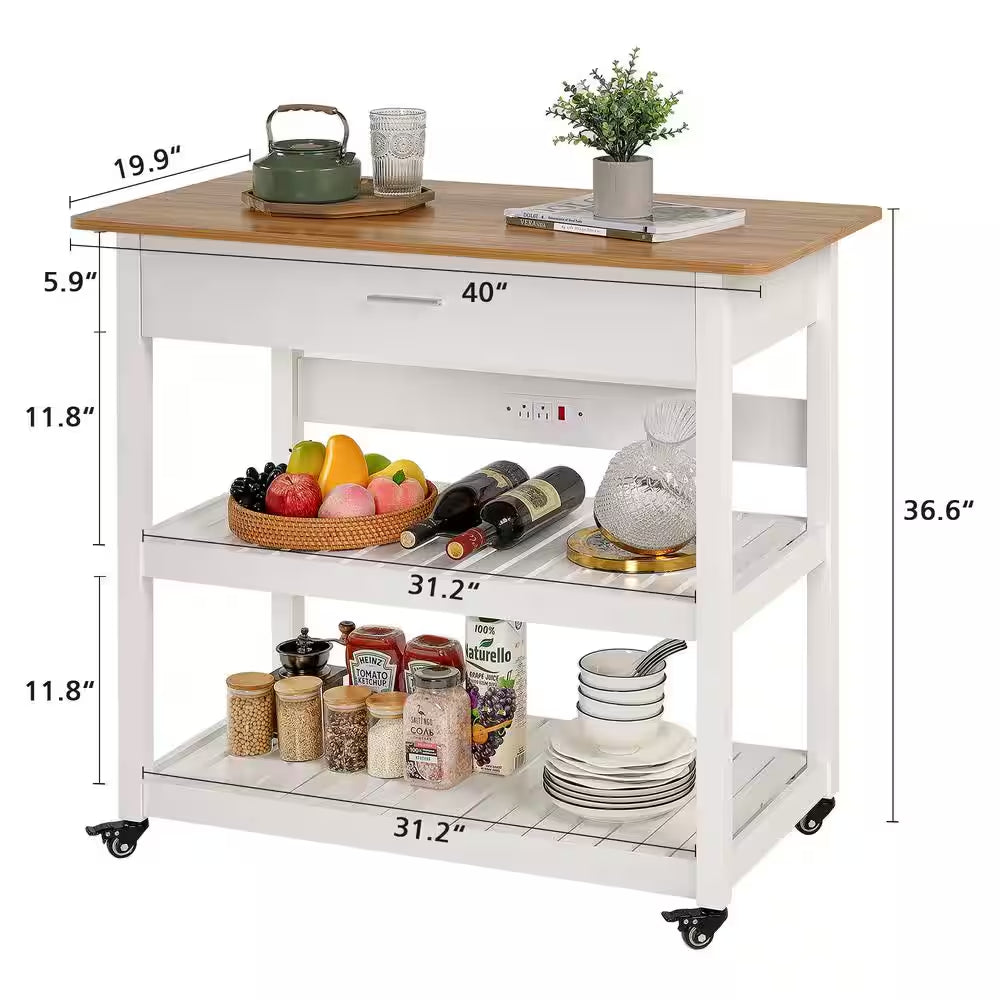 Kitchen Island Cart on Wheels – 40" Rolling Utility Cart with Power Strip & White Wood Shelves