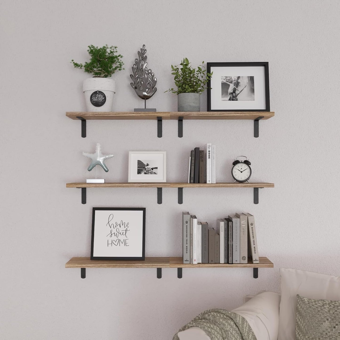 Rustic Wood Floating Shelves – 6 Pack Farmhouse Wall Shelves for Bedroom or Living Room