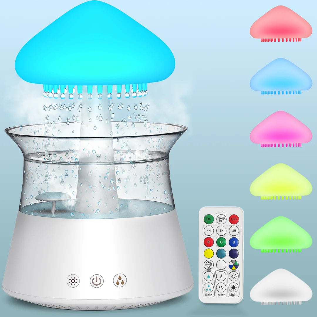 Cloud Rain Humidifier with Remote – Water Drip White Noise Lamp, Mushroom Design