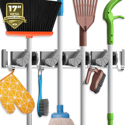 Mop & Broom Holder – Wall-Mount Metal Organizer with 4 Hooks, Silver