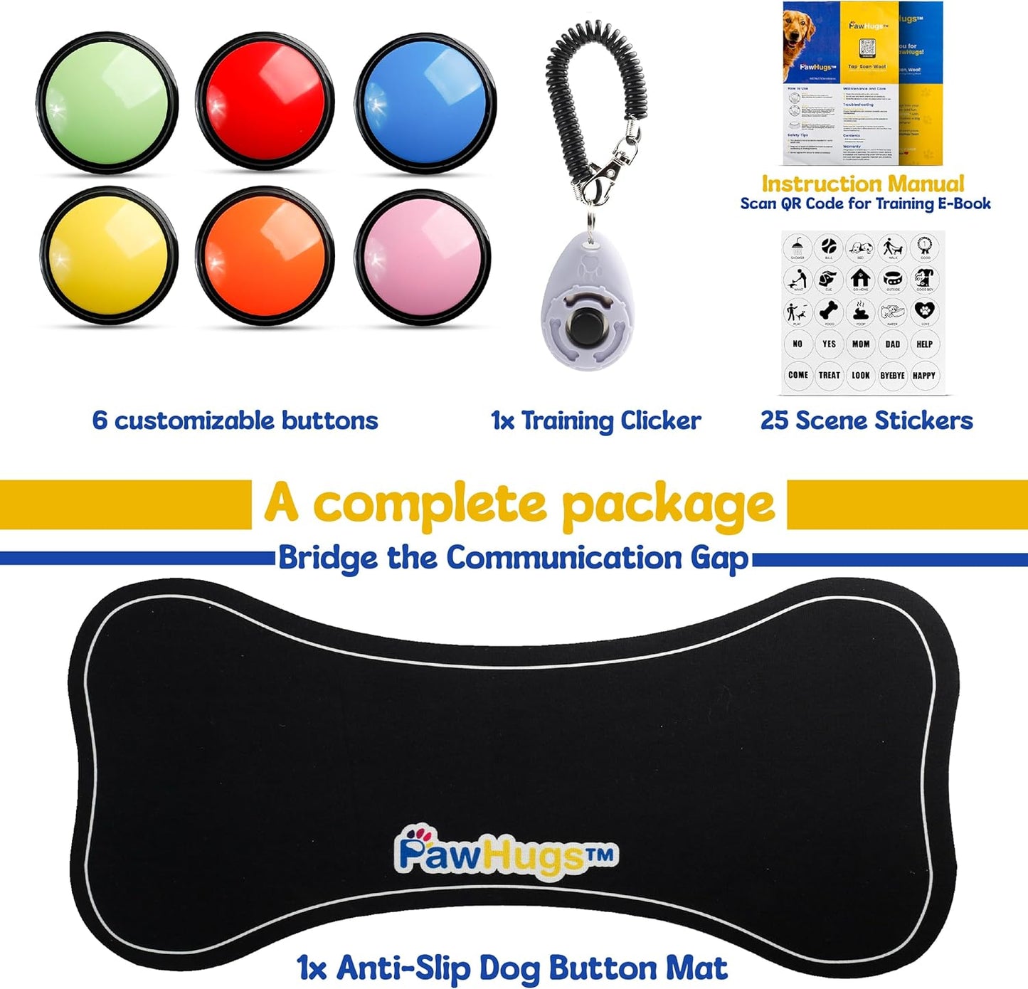 Talking Dog Buttons – 6-Pack Recordable Communication Buttons with Mat & Clicker, Clear Sound, Training Guide & Custom Stickers