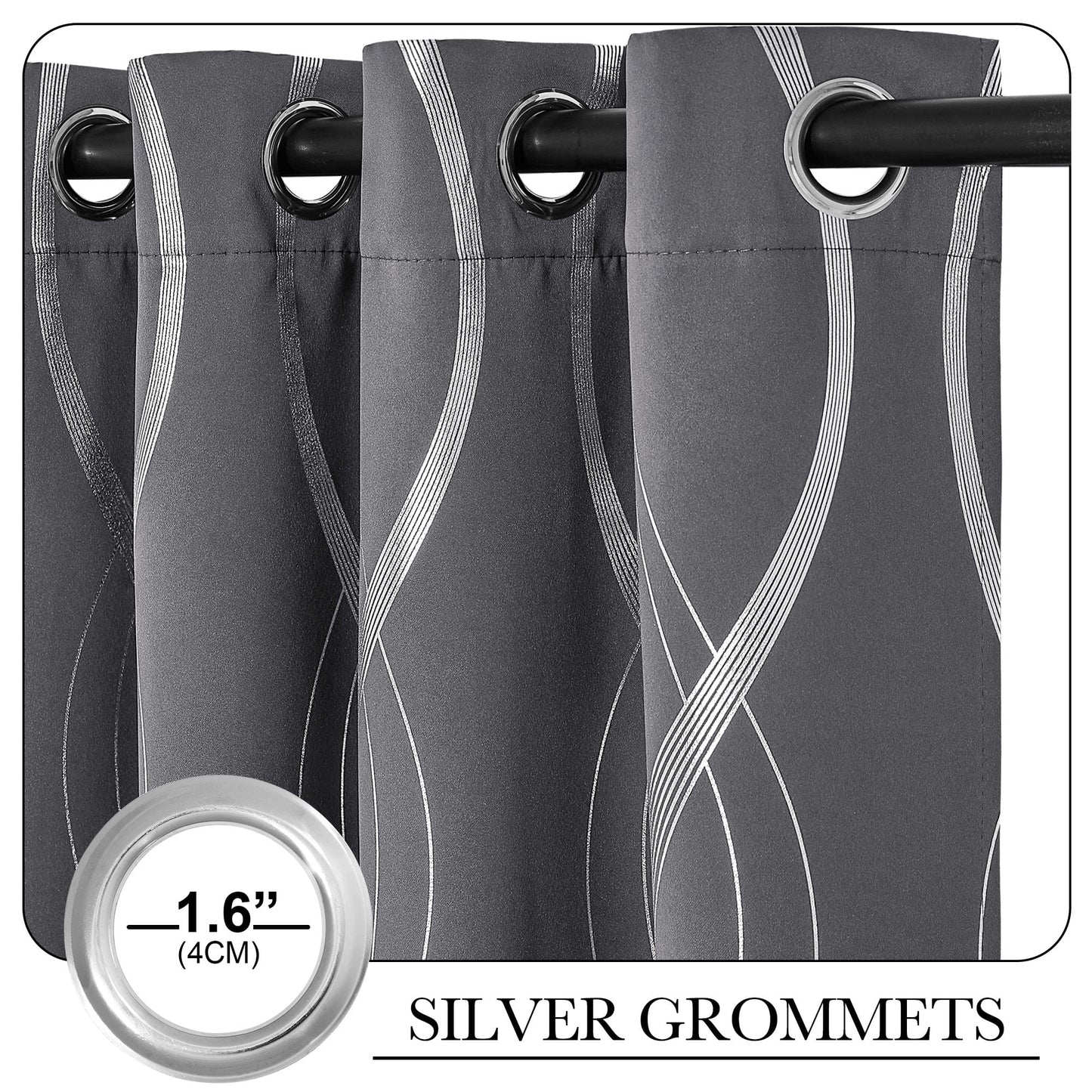 Blackout Thermal Insulated Curtains – 2 Panels, Grey Wave-Line Embossed, 52" W x 84" L