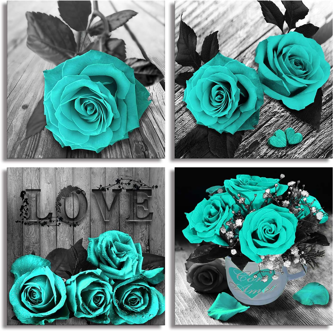Teal Rose Canvas Wall Art – Black & White Floral Prints for Bedroom, Bathroom & Home Décor