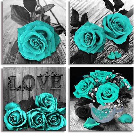 Teal Rose Canvas Wall Art – Black & White Floral Prints for Bedroom, Bathroom & Home Décor