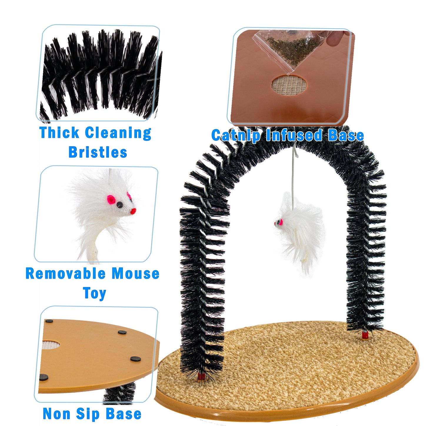 Cat Self-Grooming Arch Toy & Post – Interactive Scratcher with Bristles, Catnip, and Mouse Toy