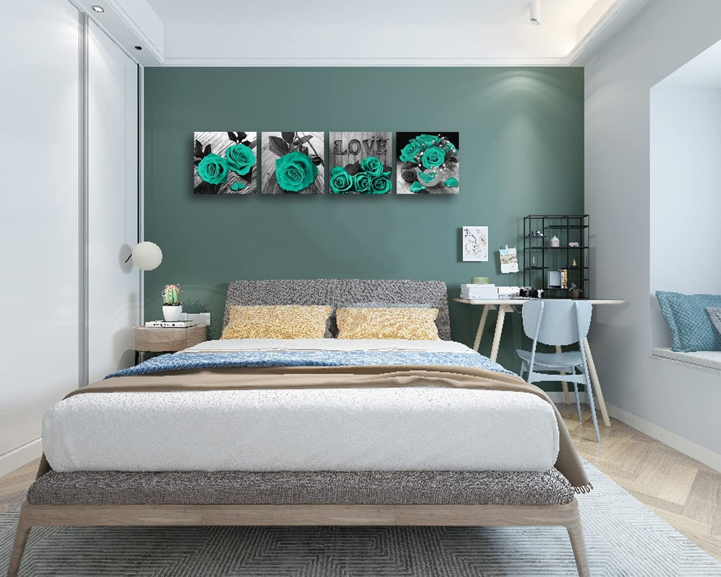 Teal Rose Canvas Wall Art – Black & White Floral Prints for Bedroom, Bathroom & Home Décor