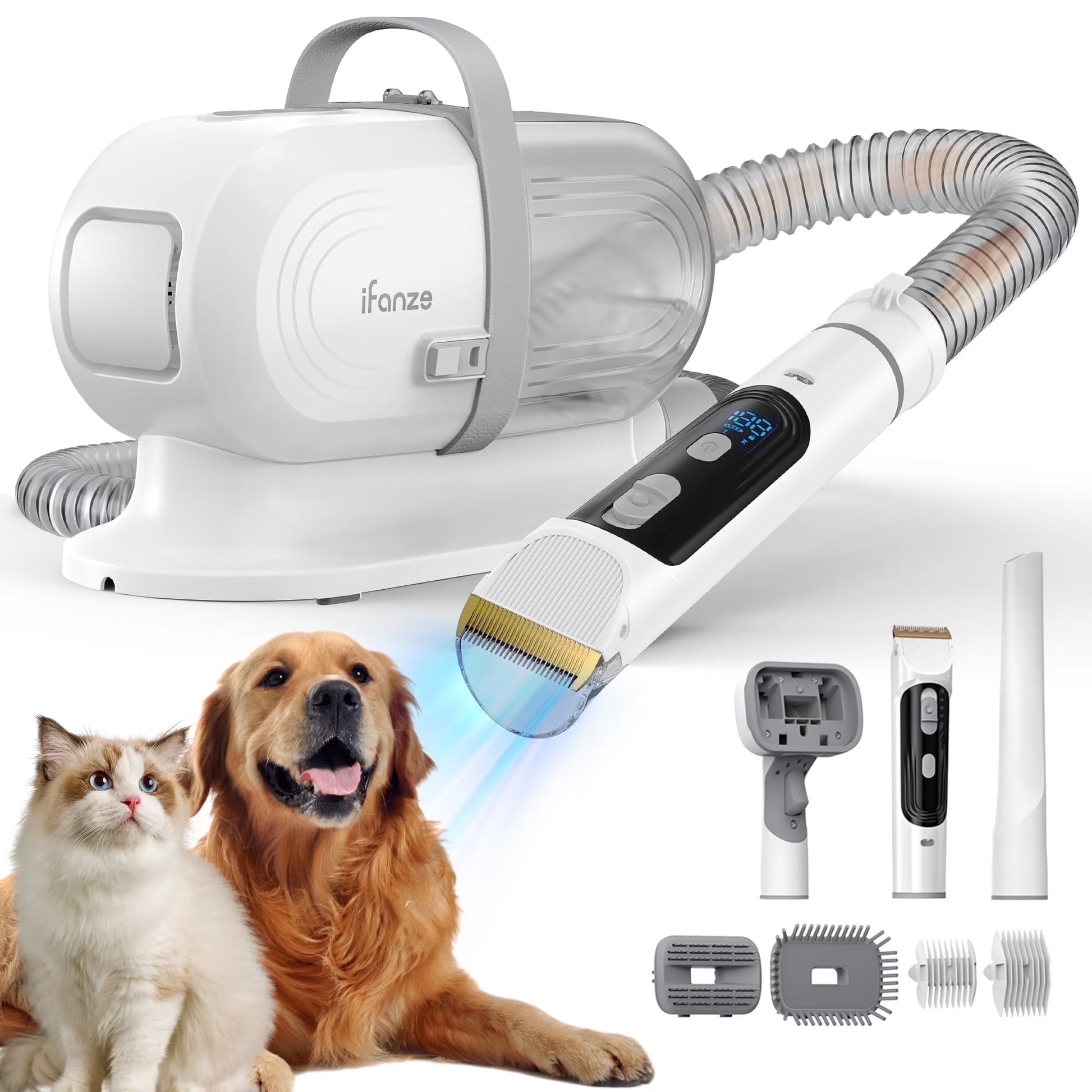 14Kpa Pet Grooming Kit & Vacuum – 2.5L Low-Noise Dog & Cat Hair Suction with 3 Modes and 5 Grooming Tools, White