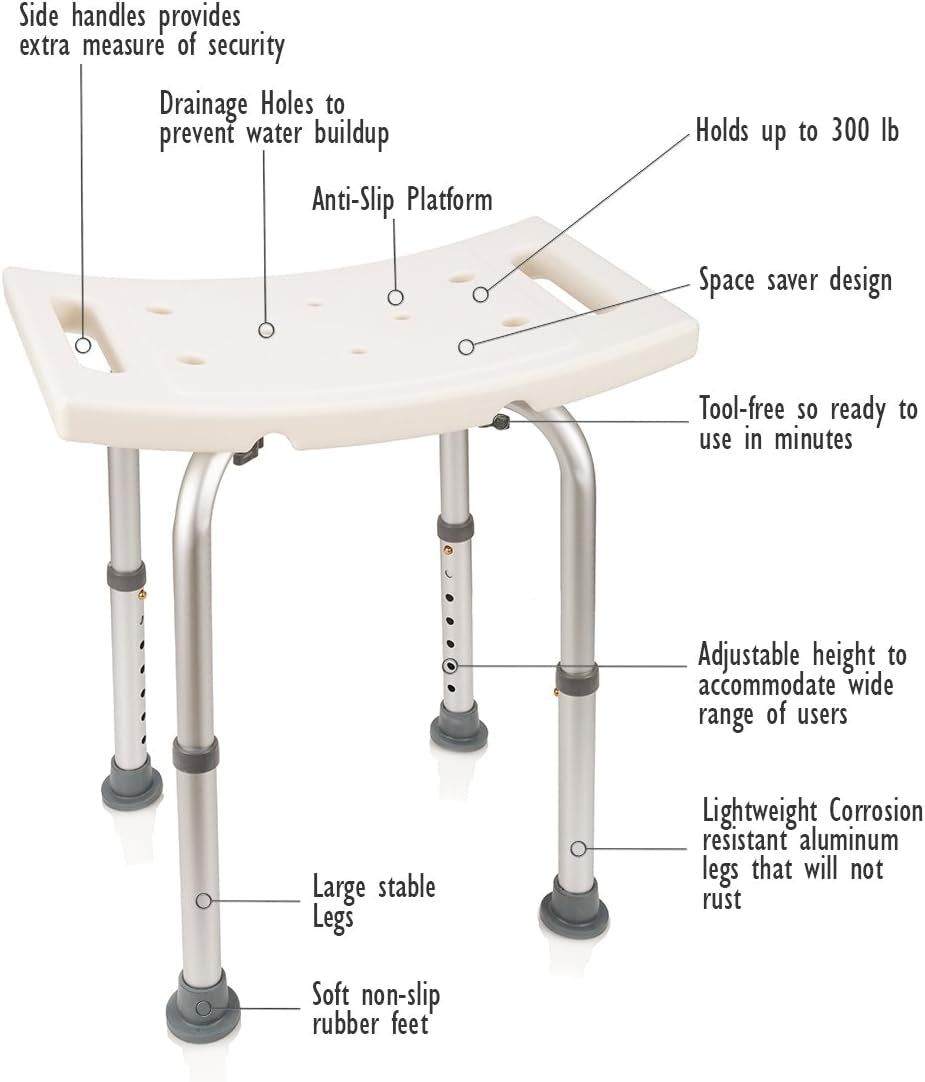 Dr. Maya’s Adjustable Shower Chair with Free Grab Bar – Handicap Shower Stool & Bath Seat, 300 lb Capacity