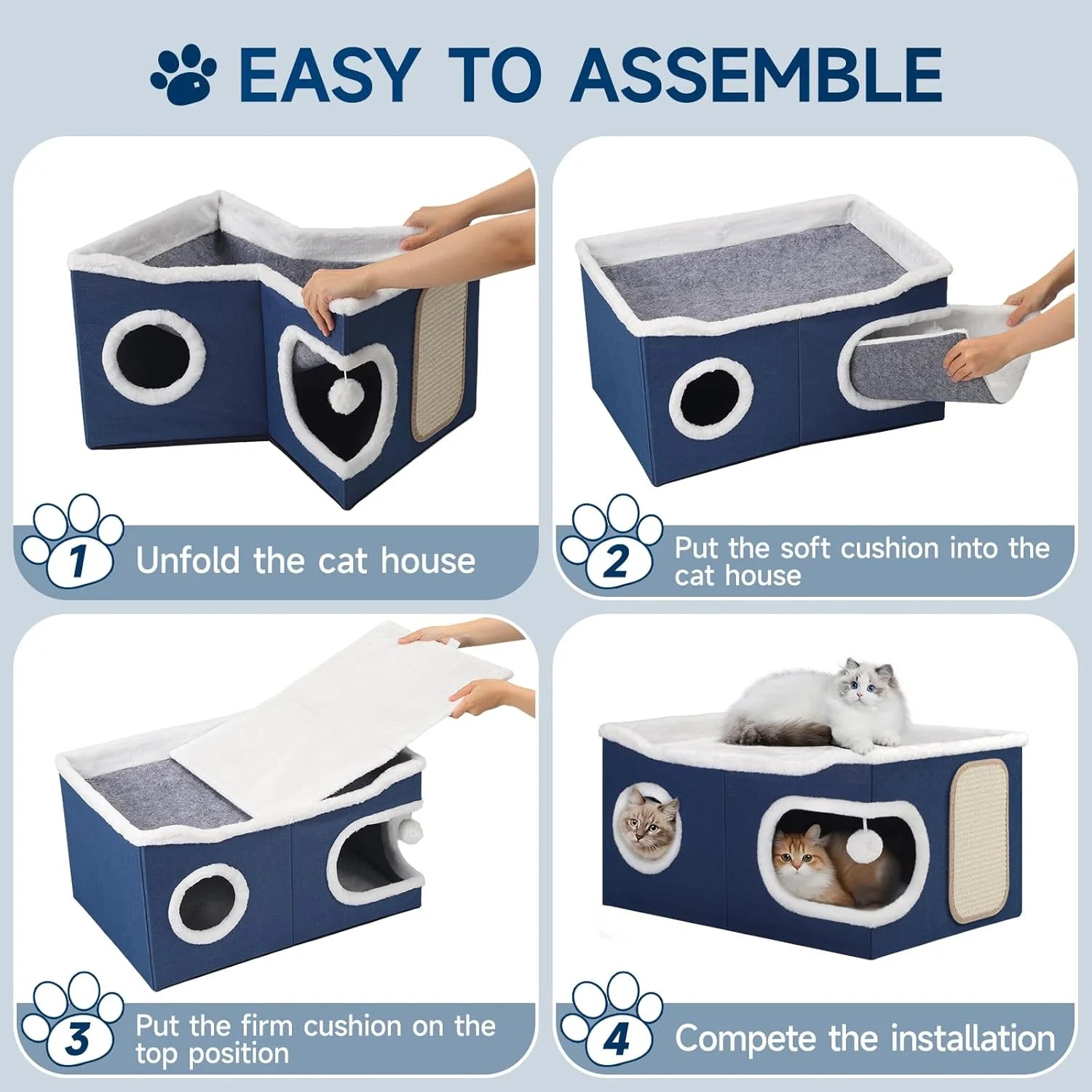 Extra-Large Indoor Cat Bed – Foldable Cat Cave with Scratch Pad & Hanging Ball, Blue