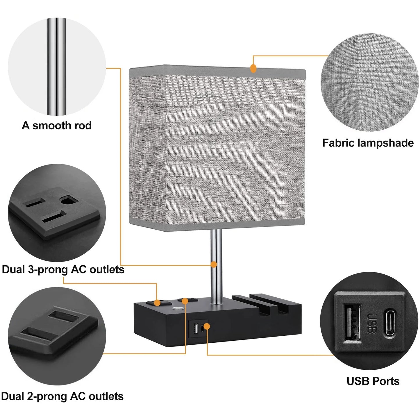 Bedside Table Lamps with Dual Phone Stands – Gray