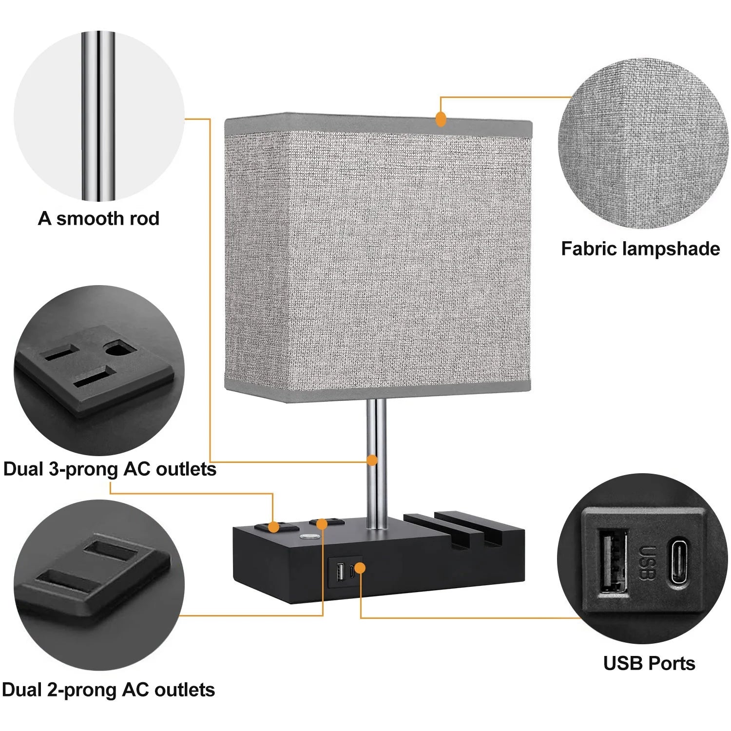 Bedside Table Lamps with Dual Phone Stands – Gray