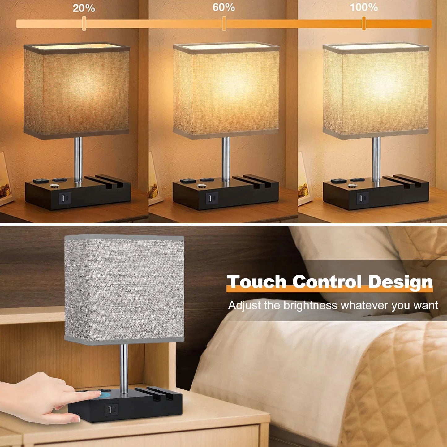 Bedside Table Lamps with Dual Phone Stands – Gray