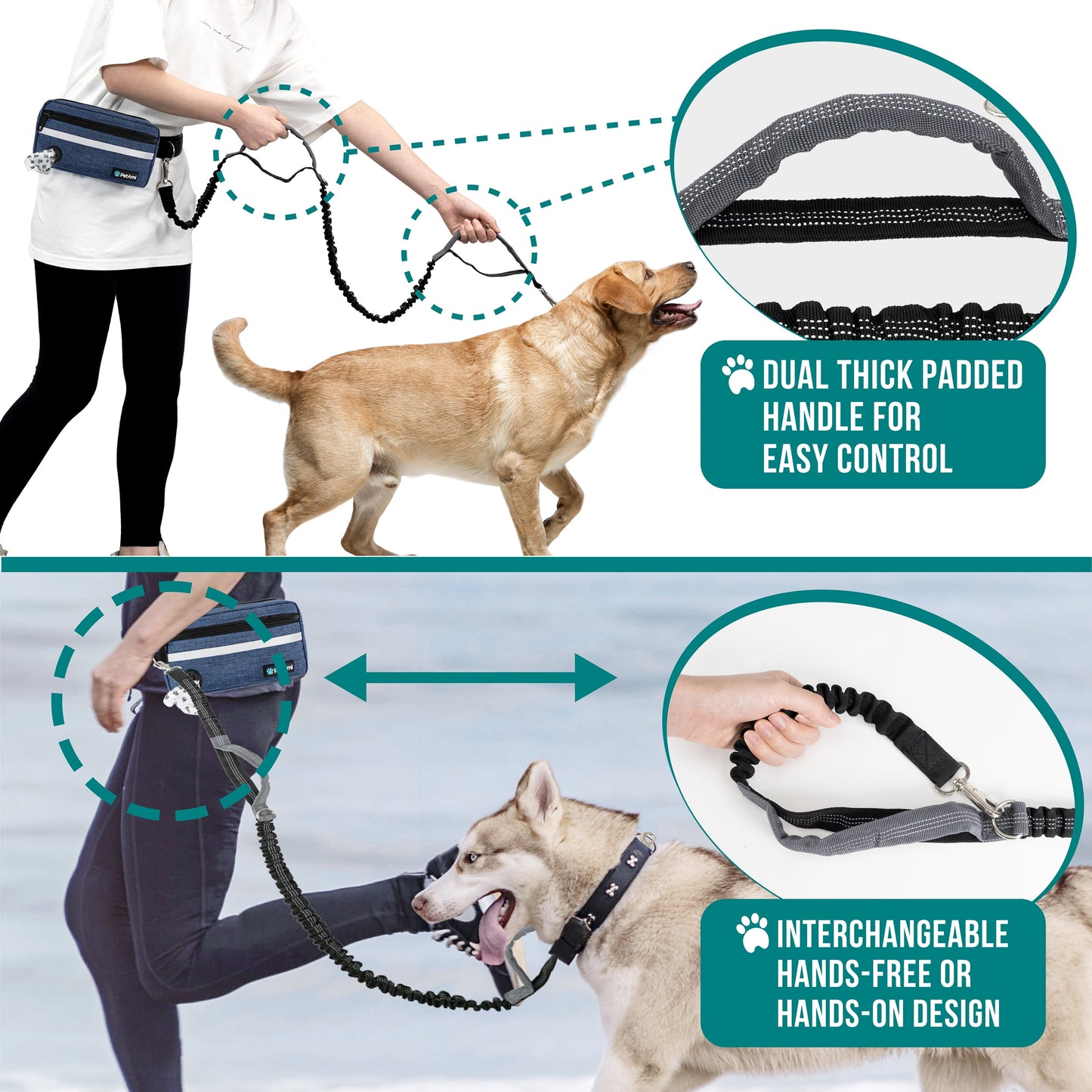Hands-Free Dog Leash with Waist Belt – Jogging & Walking Leash with Pouch and Poop Bag Dispenser
