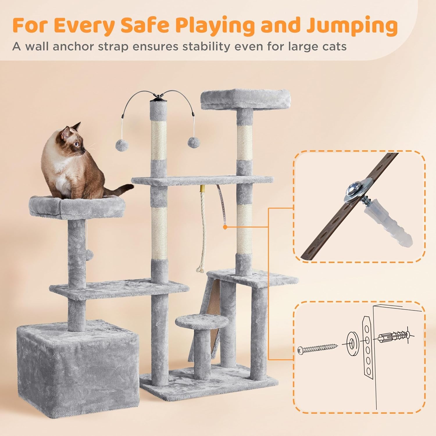 53.5" Cat Tree Playhouse – Indoor Tower with Sisal Scratching Posts, Condo & Perches, Light Gray