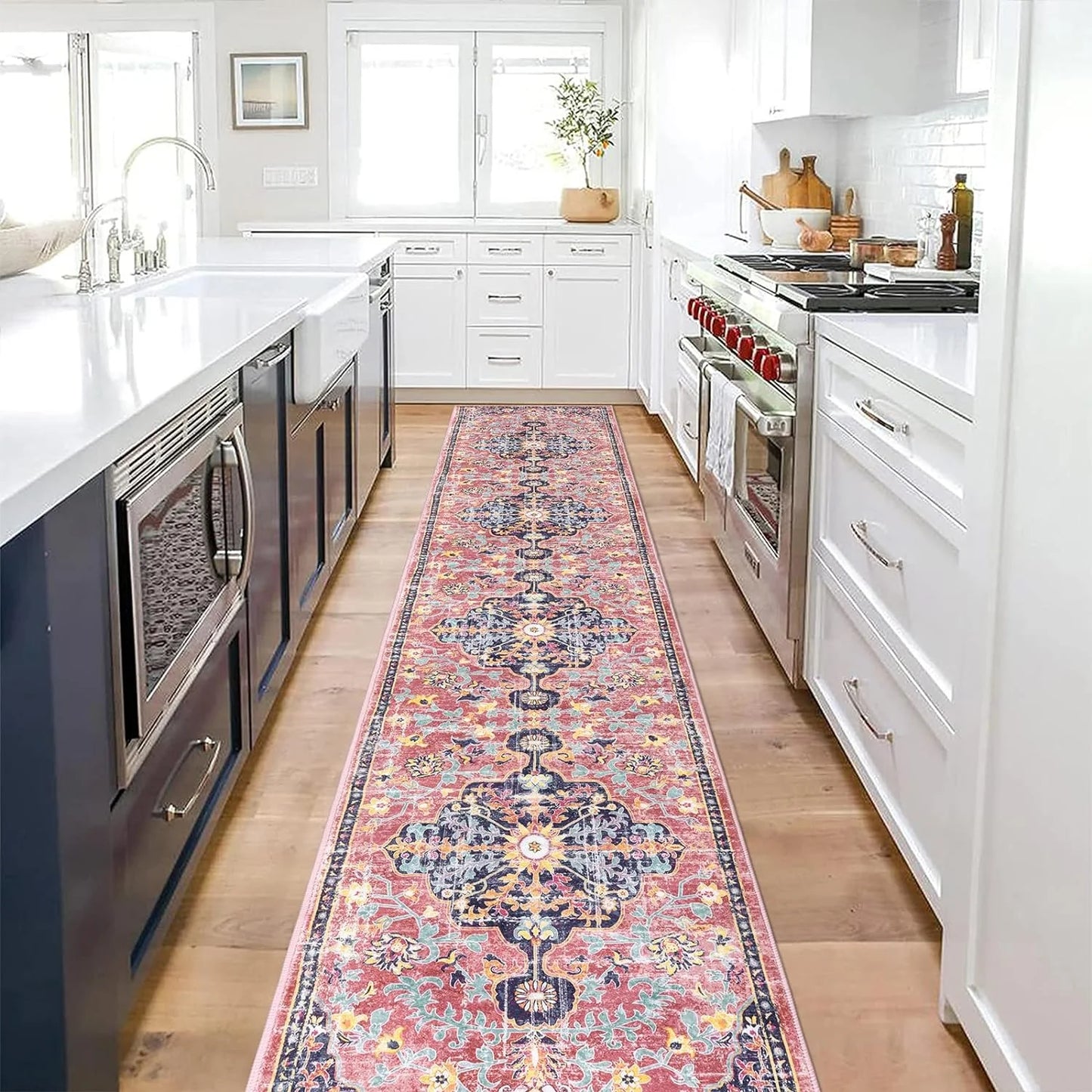 Vintage Distressed Runner Rug – 2' x 10' Pink Non-Slip Washable Hallway & Kitchen Rug