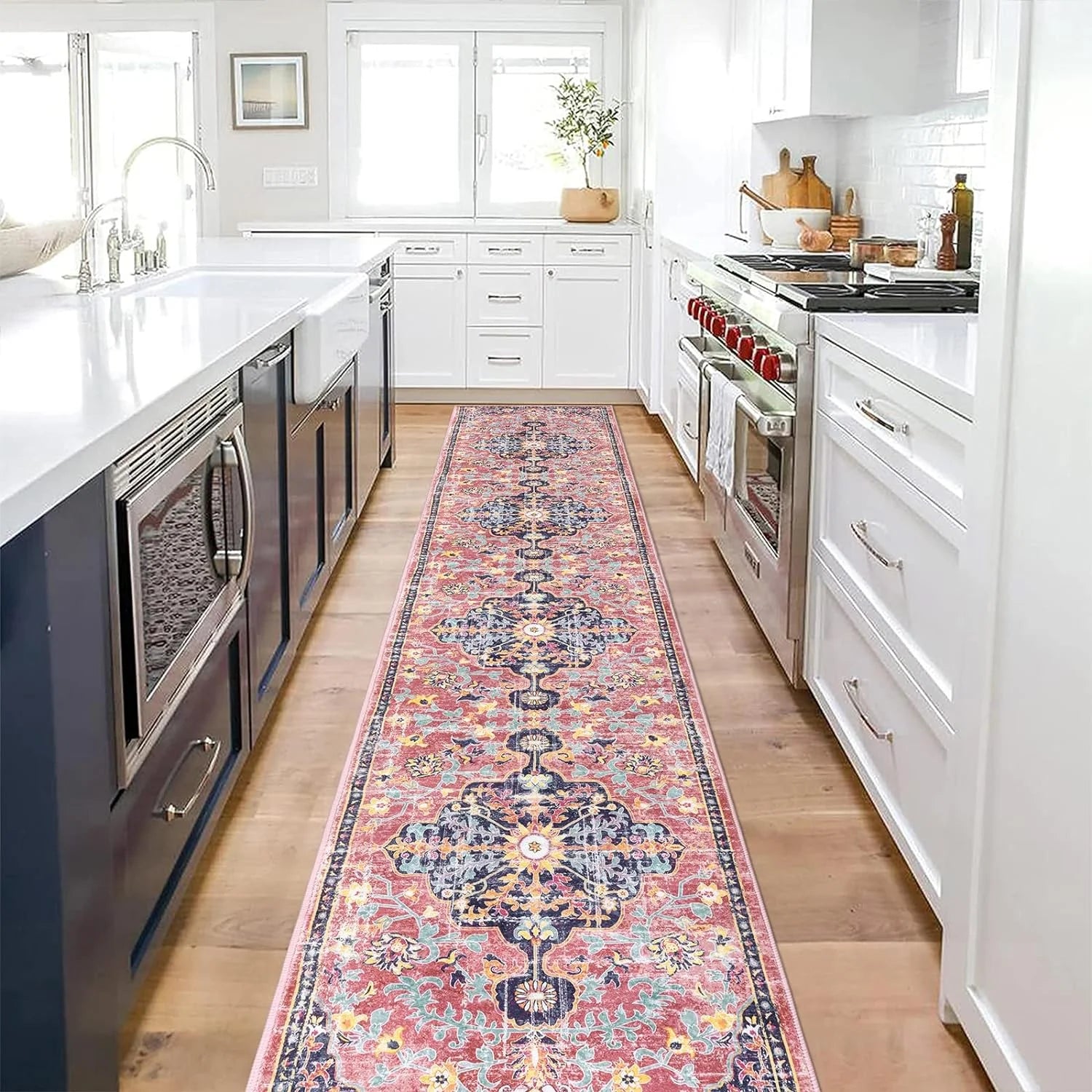 Vintage Distressed Runner Rug – 2' x 10' Pink Non-Slip Washable Hallway & Kitchen Rug