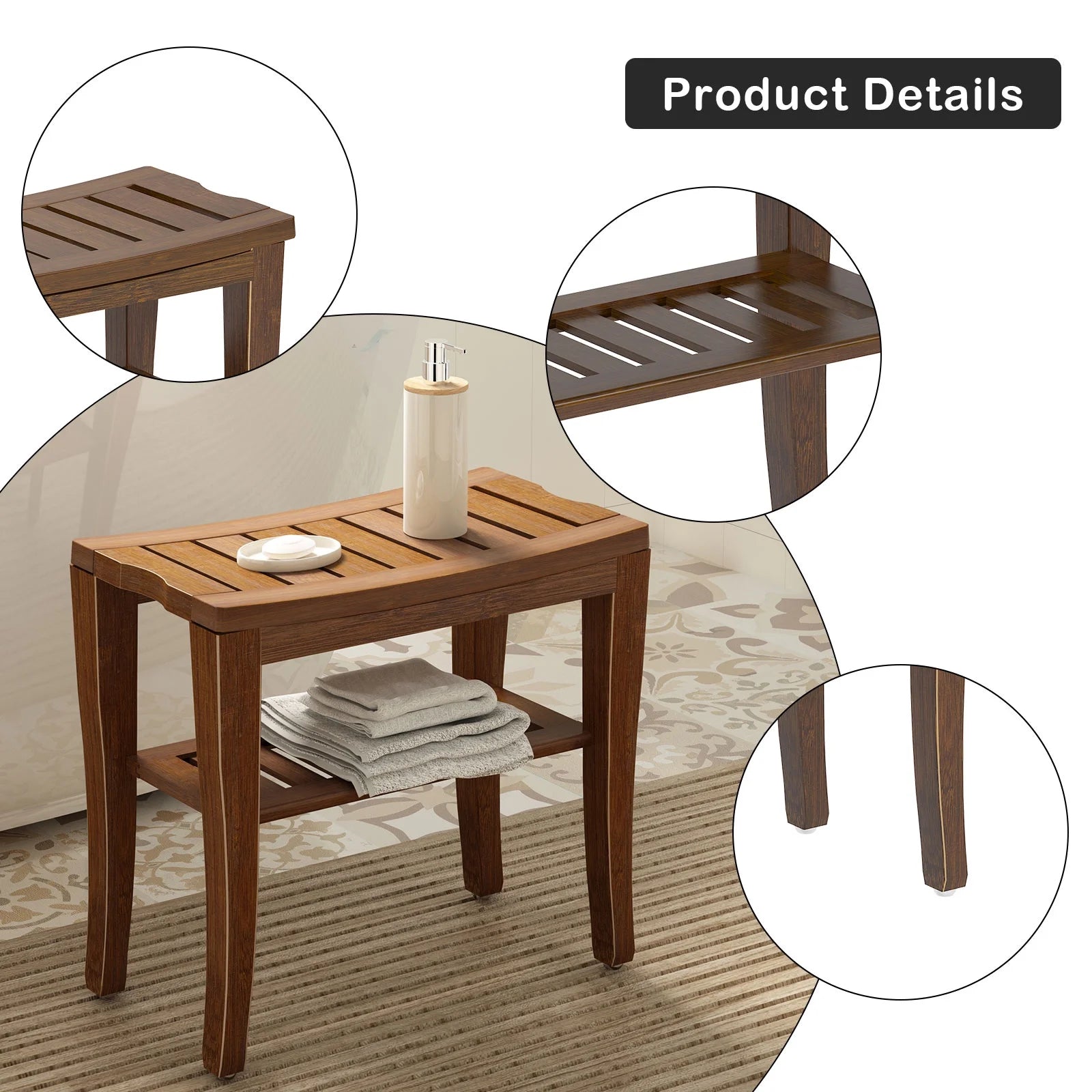 Bamboo Wood Bathroom Shower Bench – Non-Slip Waterproof Shower Stool, Indoor & Outdoor