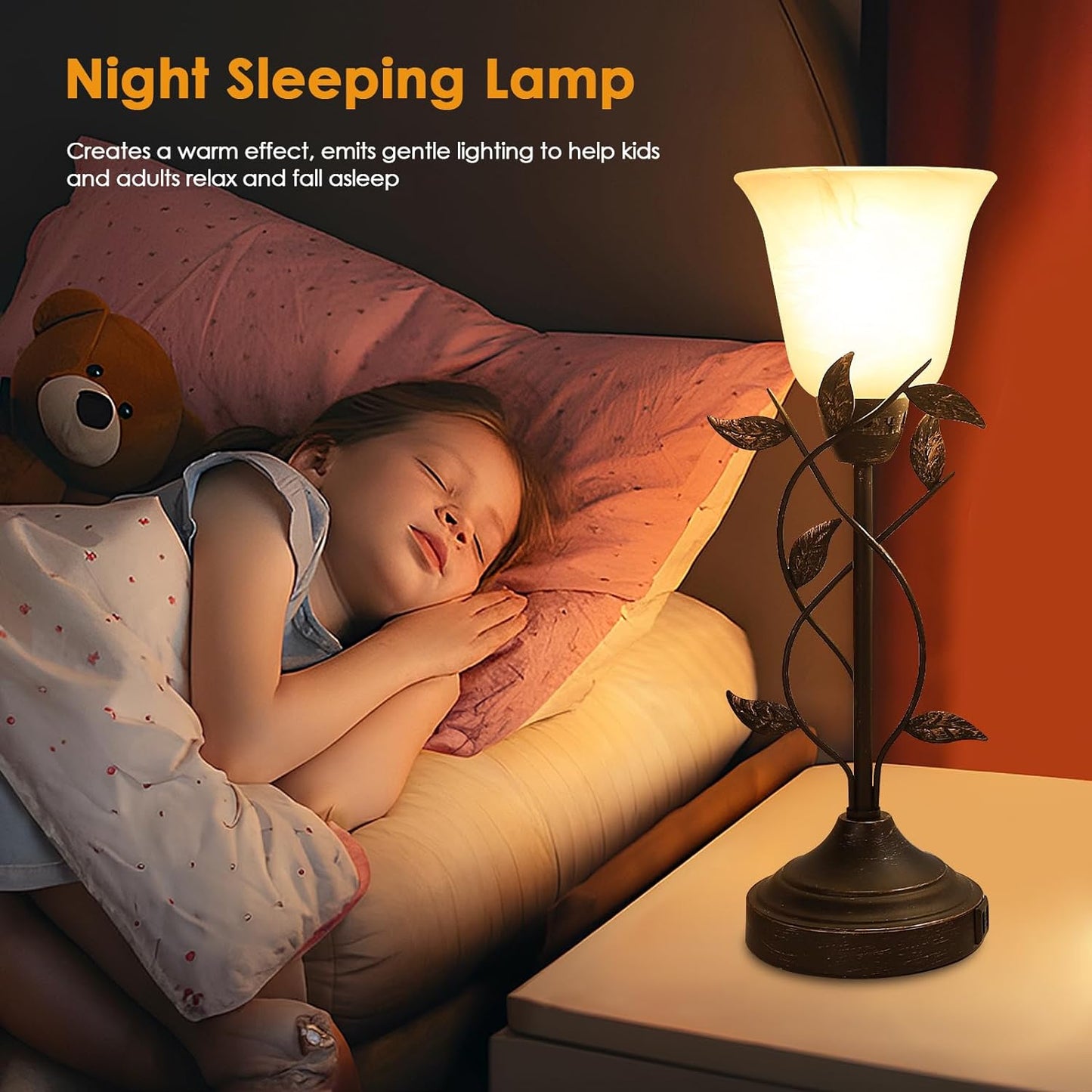 Set of 2 Bedside Table Lamps – 3-Way Dimmable with Touch Control & USB Charging, White Glass Shade, Retro Leaf Design