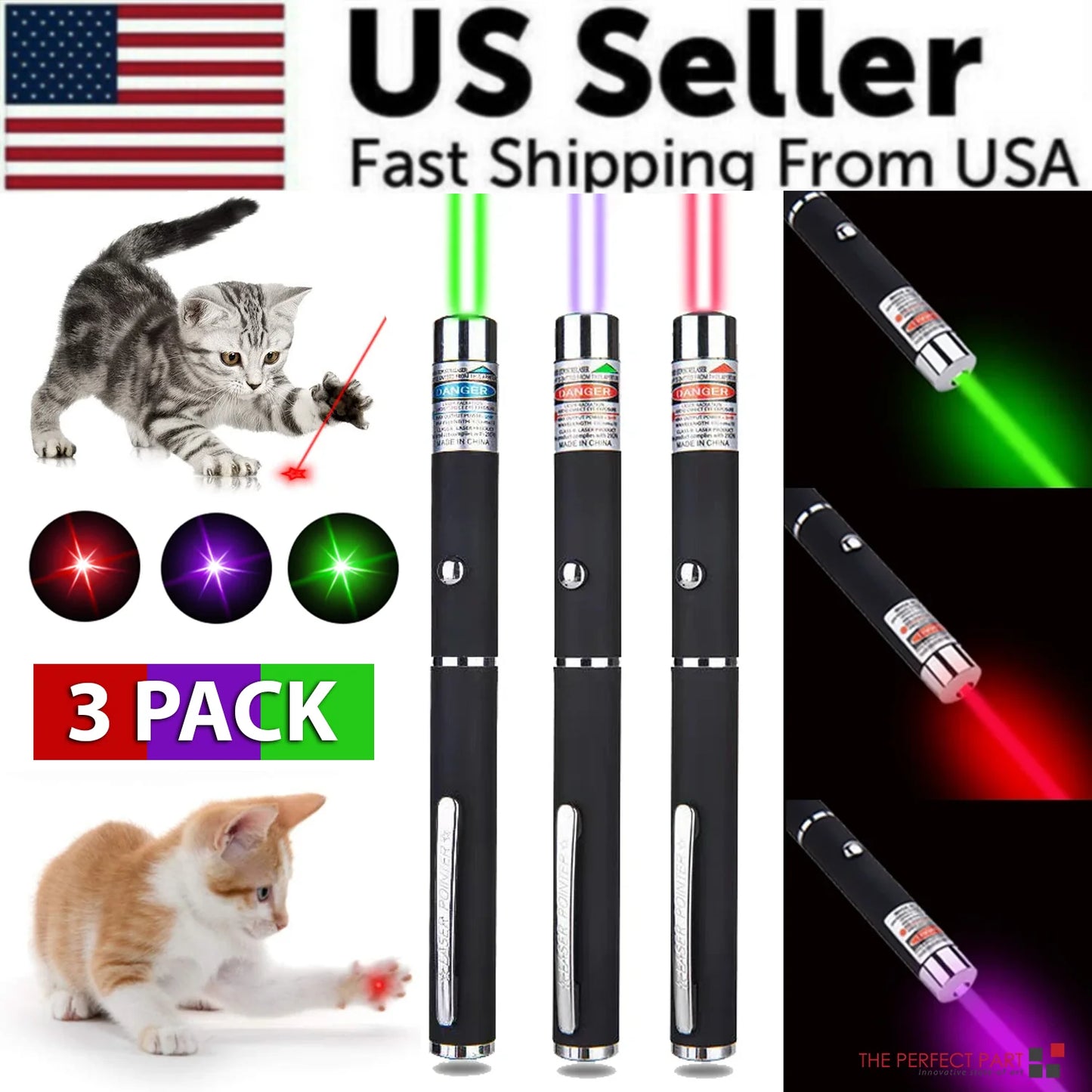 3-Pack 900 Mile Laser Pointer Pen – Green, Blue & Red Visible Beam