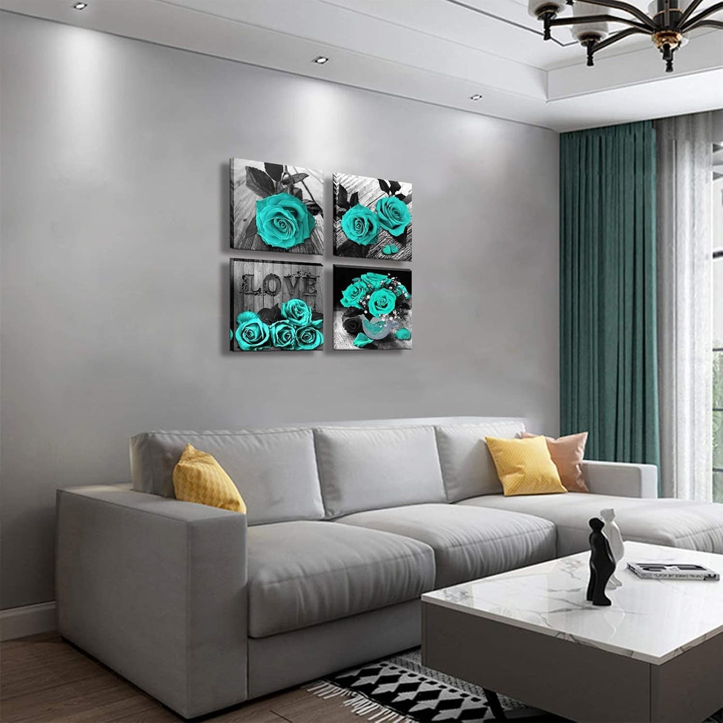 Teal Rose Canvas Wall Art – Black & White Floral Prints for Bedroom, Bathroom & Home Décor