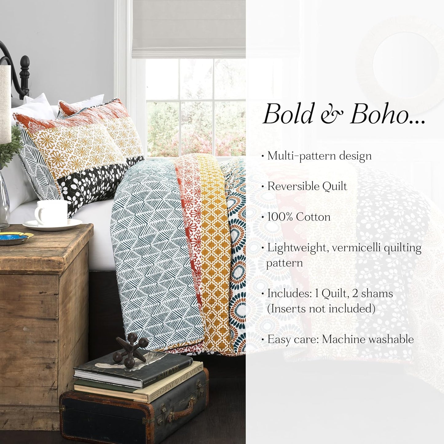 Bohemian Stripe Reversible Cotton Quilt Set – 3 Piece Full/Queen, Turquoise & Orange