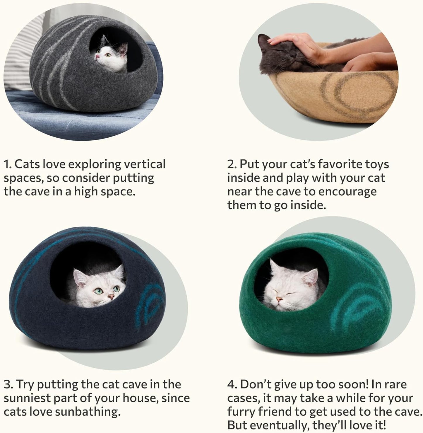 Premium Felt Cat Cave Bed – Handmade 100% Merino Wool for Indoor Cats, Aquamarine, Medium