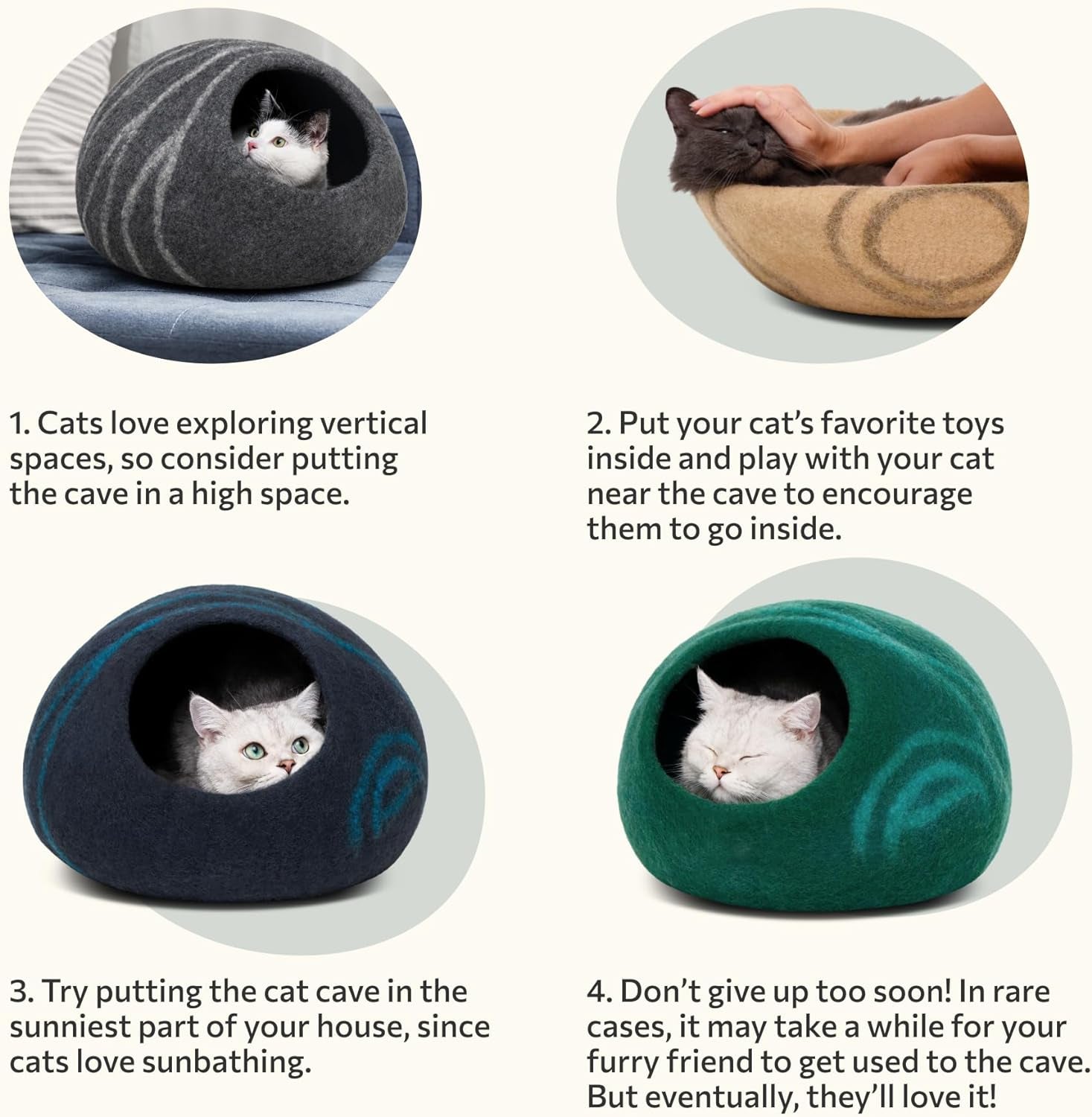 Premium Felt Cat Cave Bed – Handmade 100% Merino Wool for Indoor Cats, Aquamarine, Medium