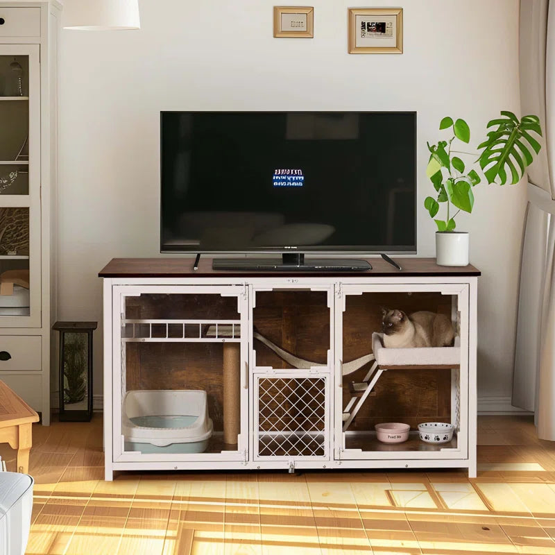 Dietzel Wooden Cat Cage & TV Stand – Multi-Functional Cat House Furniture