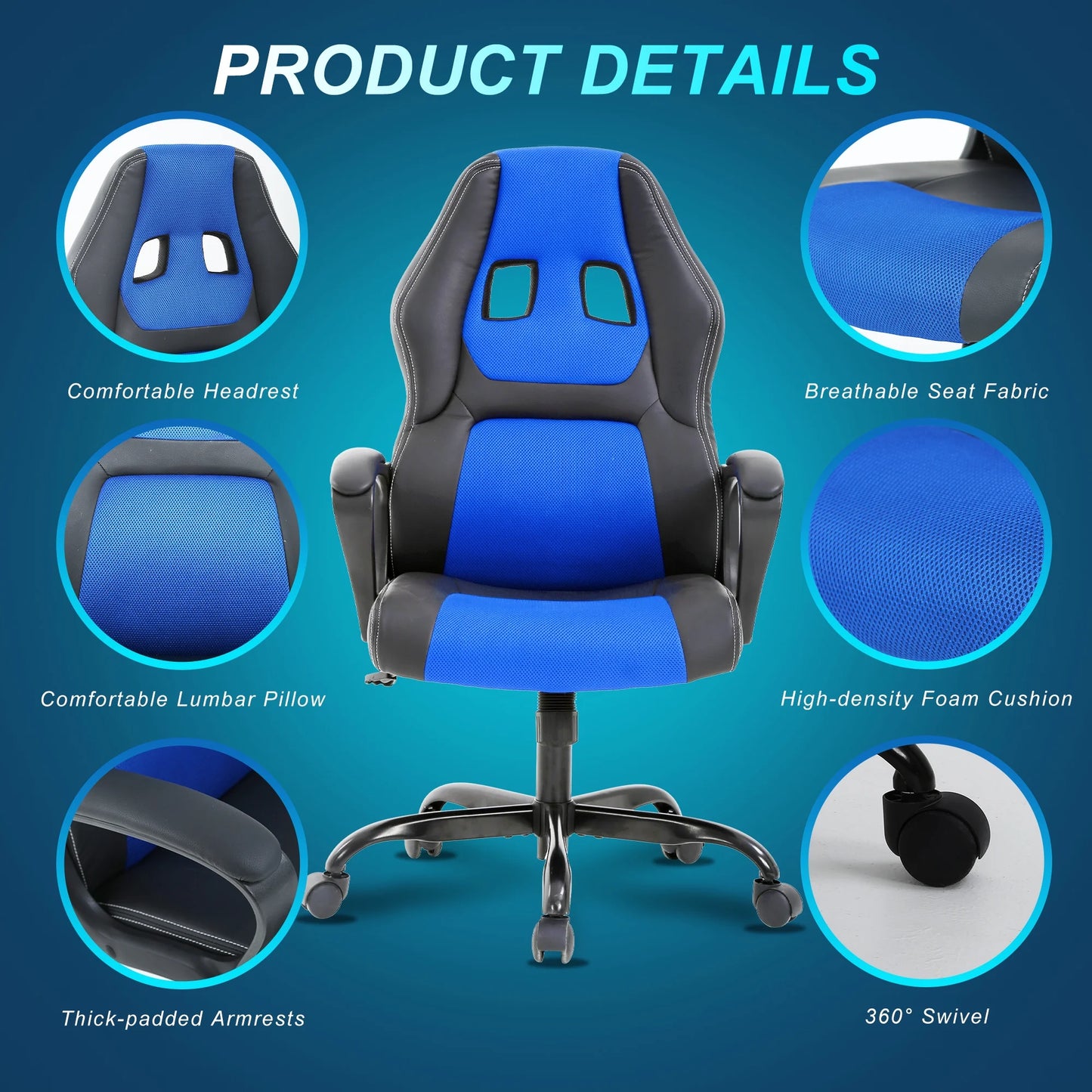 Blue Gaming Office Chair – Ergonomic Computer Chair with Lumbar Support for Adults