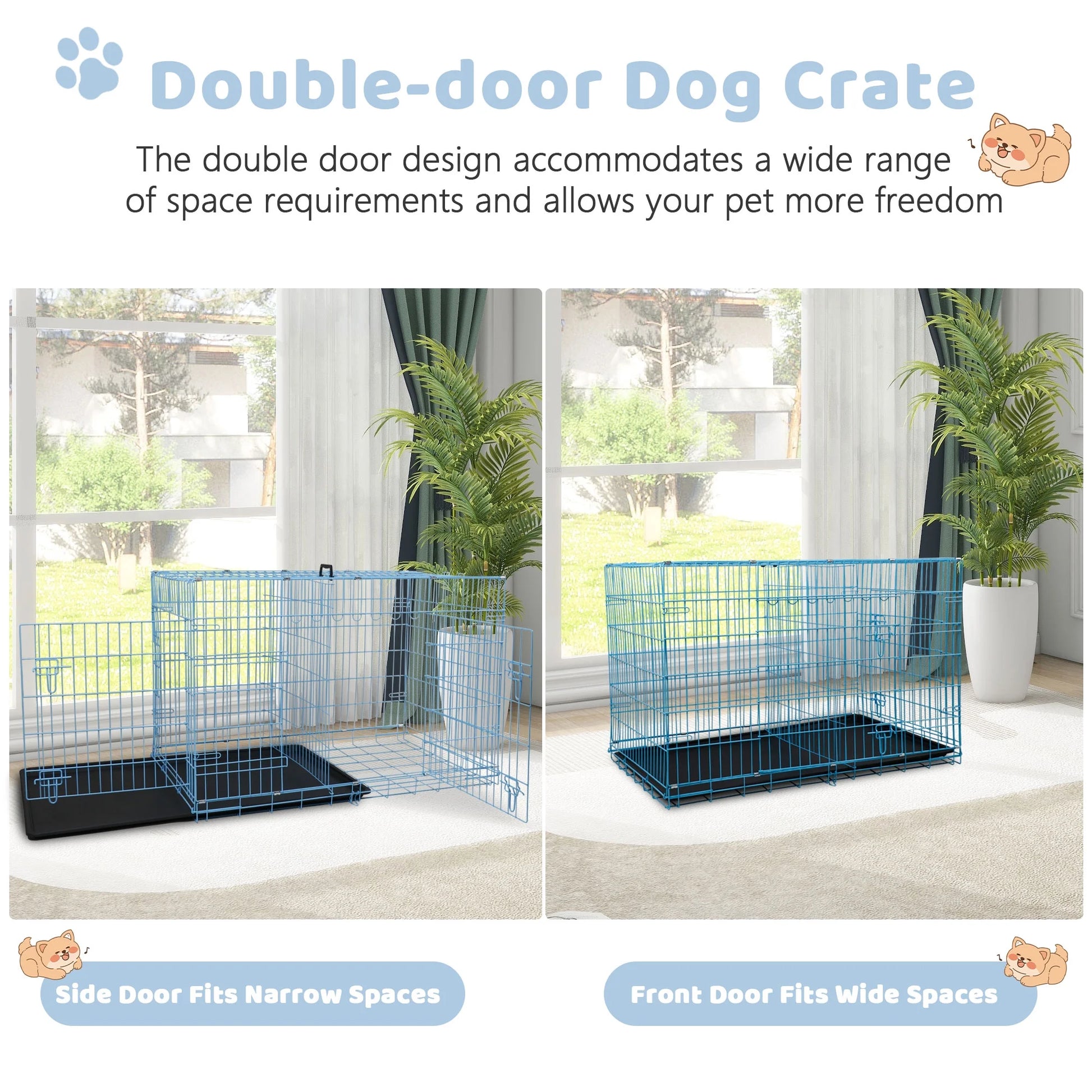 48" Foldable Dog Crate – Double-Door Metal Wire Kennel with Handle & Plastic Tray for Large Dogs, Blue