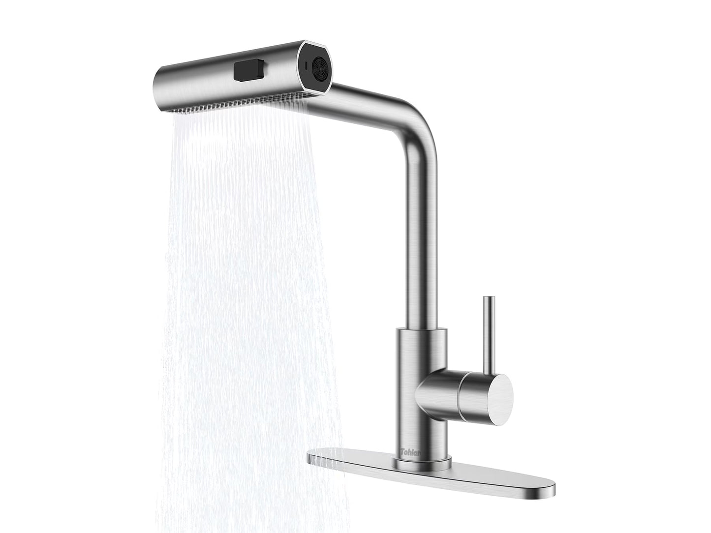 Brushed Nickel Waterfall Kitchen Faucet – Pull-Down Sprayer with 3 Spray Modes & Single Lever Handle