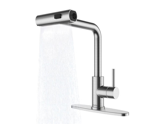Brushed Nickel Waterfall Kitchen Faucet – Pull-Down Sprayer with 3 Spray Modes & Single Lever Handle