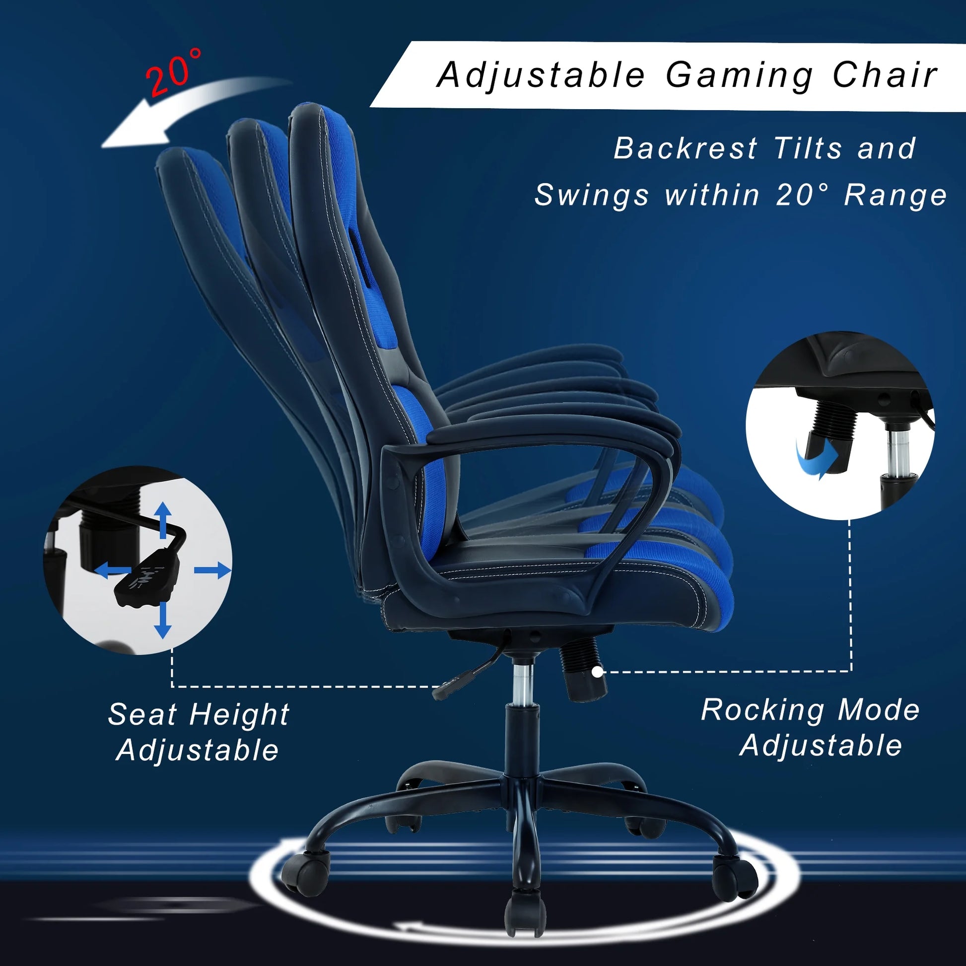 Blue Gaming Office Chair – Ergonomic Computer Chair with Lumbar Support for Adults