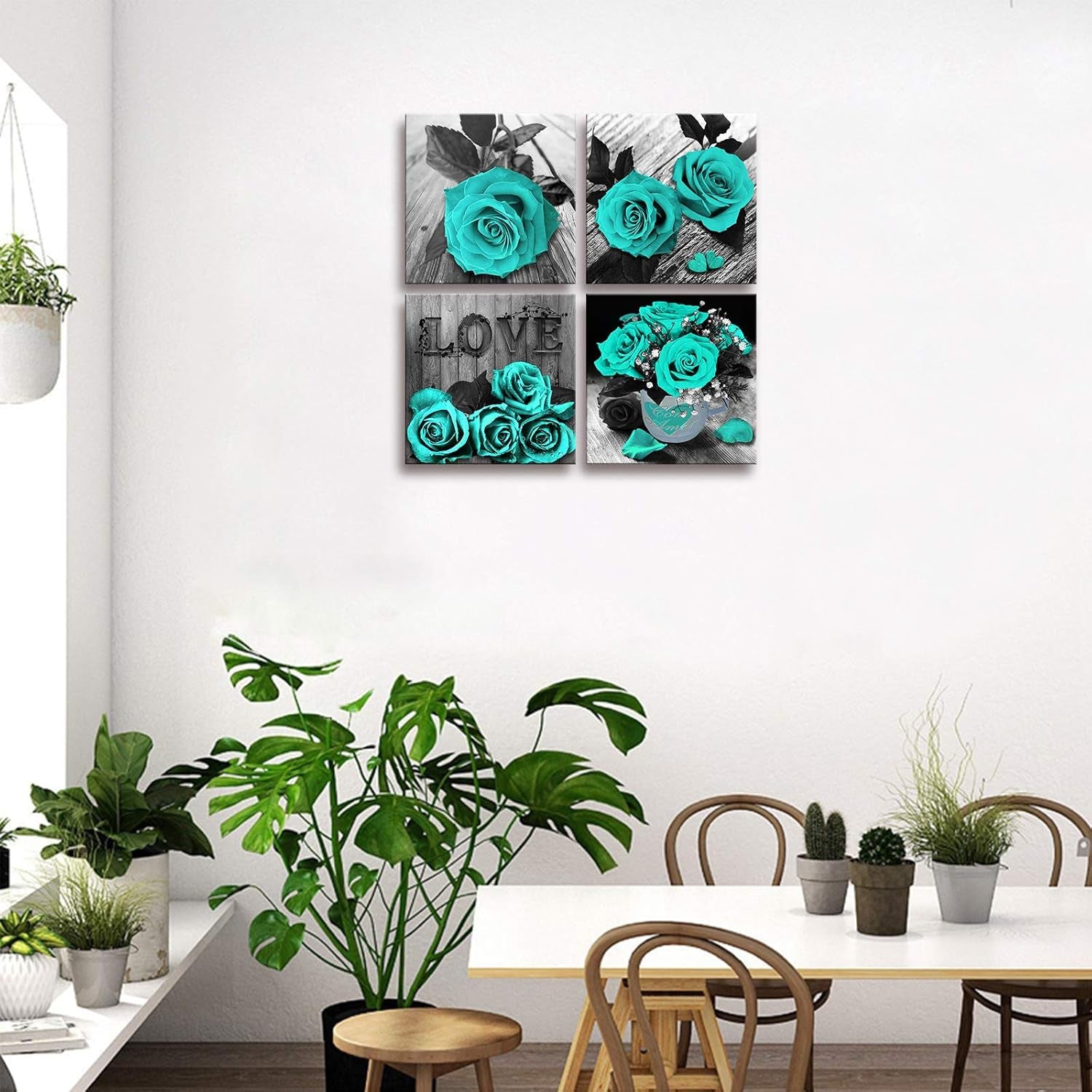 Teal Rose Canvas Wall Art – Black & White Floral Prints for Bedroom, Bathroom & Home Décor