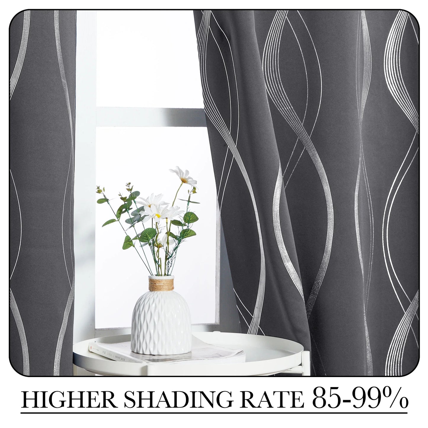 Blackout Thermal Insulated Curtains – 2 Panels, Grey Wave-Line Embossed, 52" W x 84" L