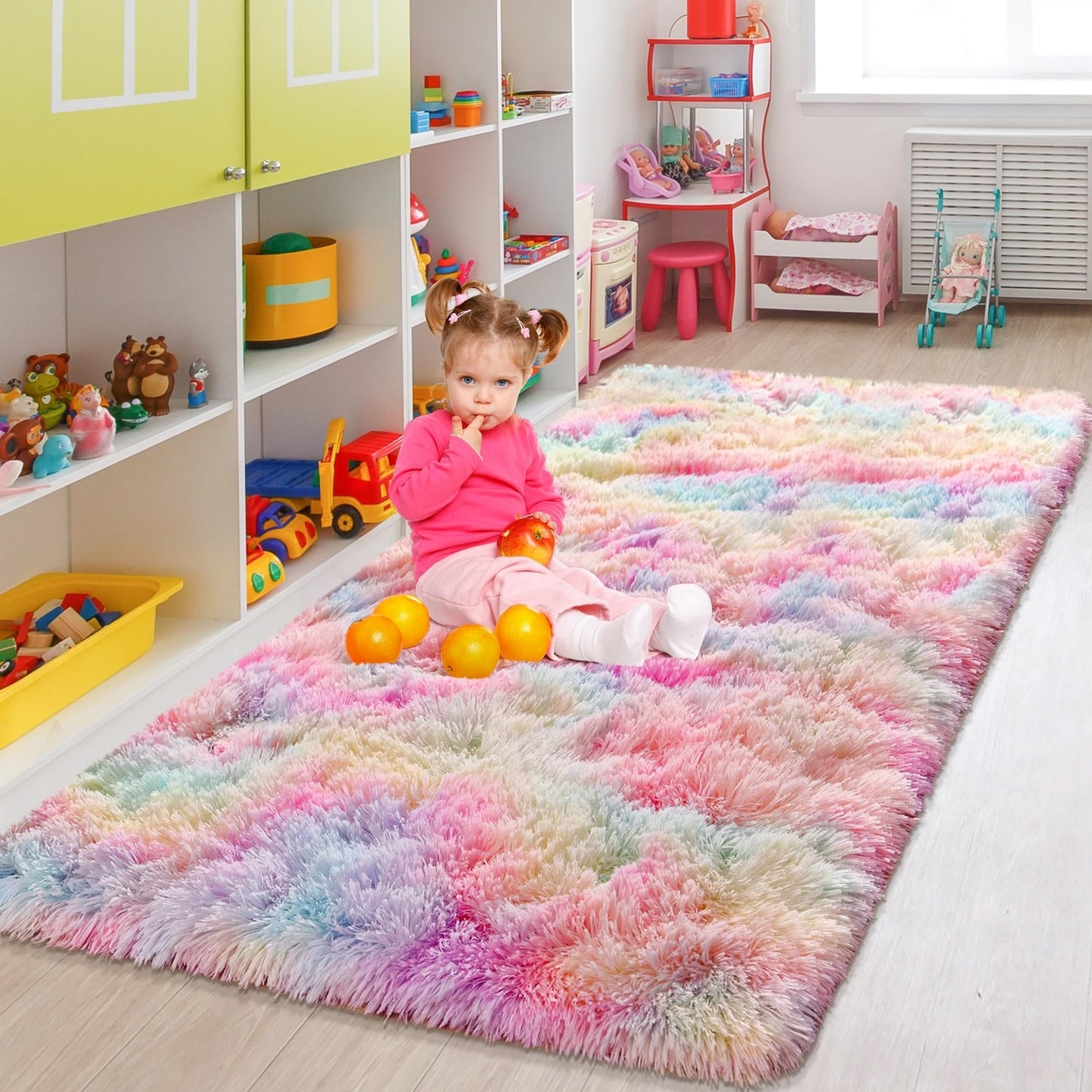 Rainbow Fluffy Plush Area Rug – 5' x 8' Shaggy Rug for Girls’ Bedroom