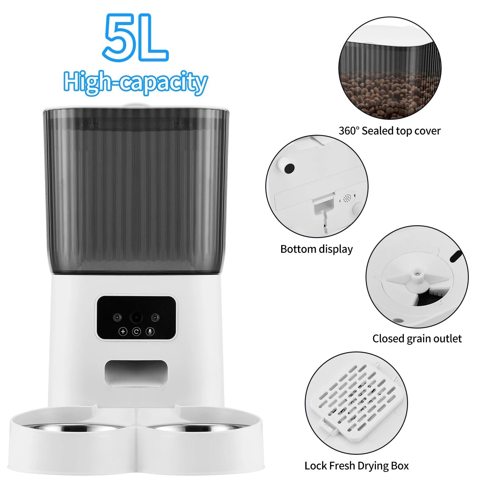 Threes Tree Automatic Cat Feeder with Camera – 5L Dual Pet Feeder with 2 Stainless Steel Bowls & Remote App Control