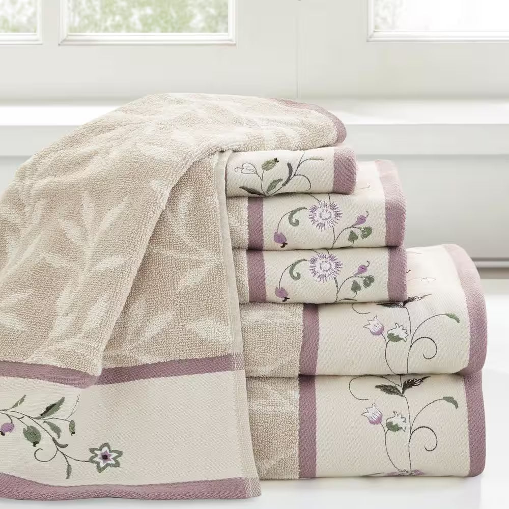 Belle 6-Piece Purple Embroidered Jacquard Cotton Bath Towel Set – Luxury Bathroom Towels