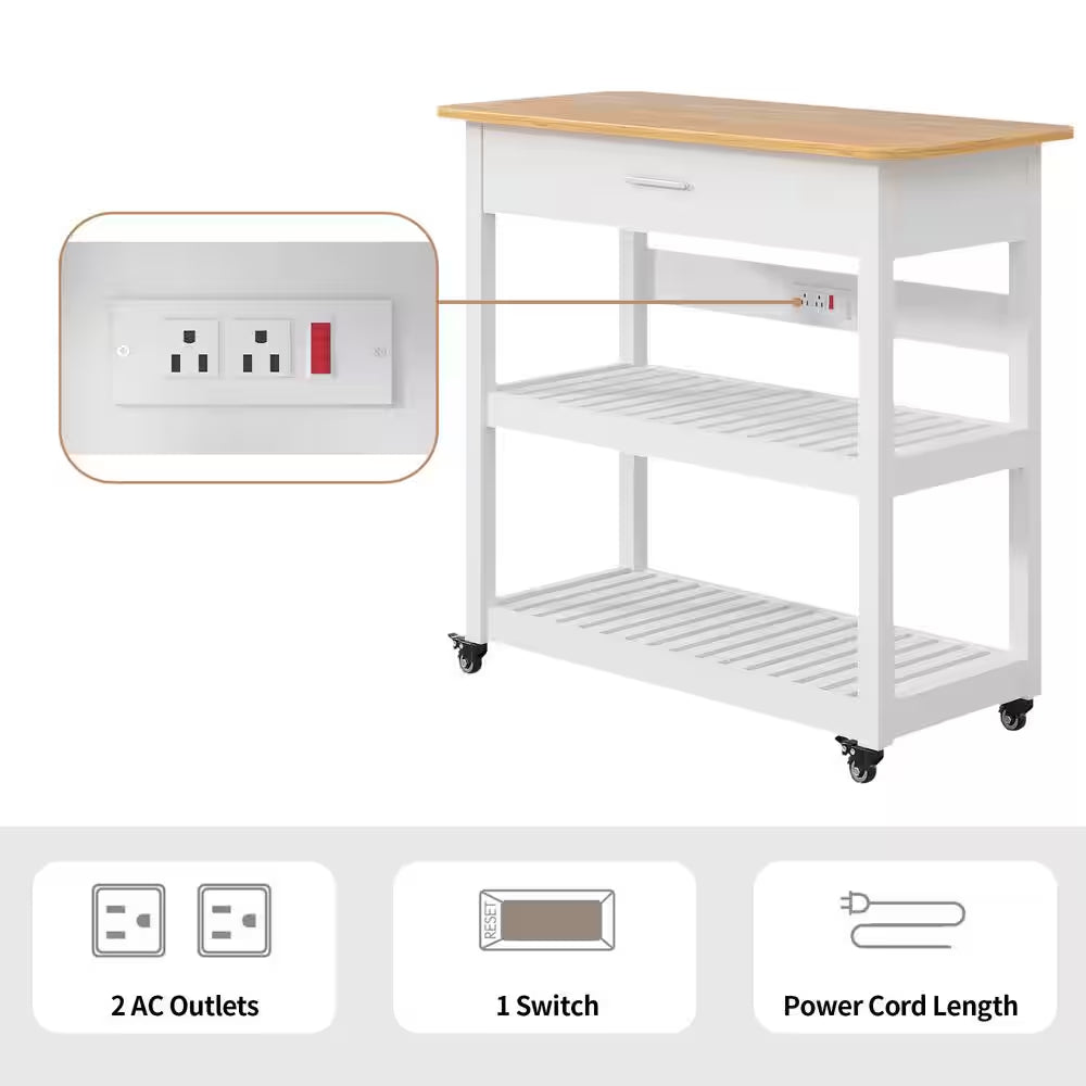Kitchen Island Cart on Wheels – 40" Rolling Utility Cart with Power Strip & White Wood Shelves